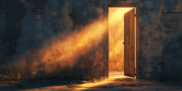 Open door illuminating dark room with bright light