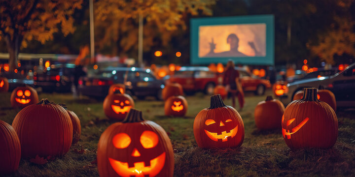 Halloween drive in movie night with car crowd and pumpkins