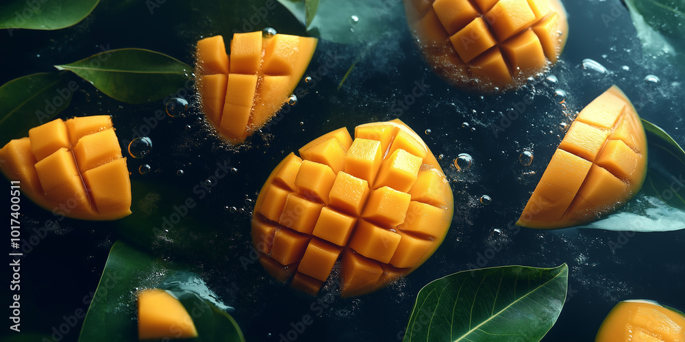 Poster fresh mango cubes floating in water with bubbles and leaves