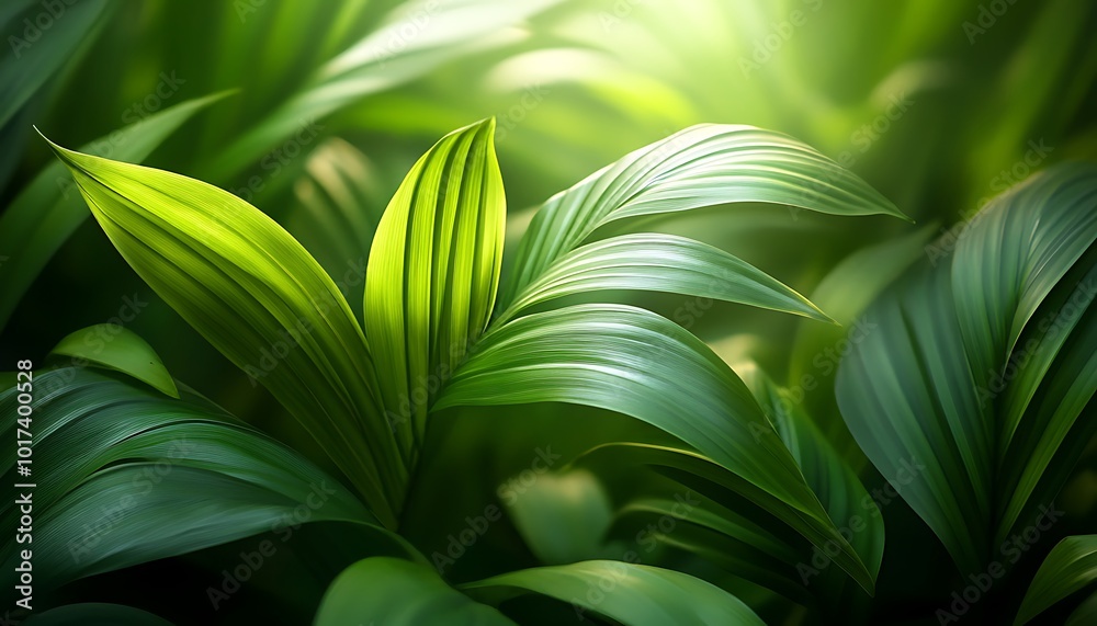 Poster lush green leaves illuminated by soft light, creating a serene and vibrant atmosphere in a natural s