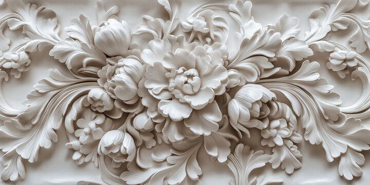 White plaster stucco relief showing blooming peonies and leaves forming a floral ornament