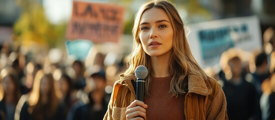 Young woman speaking into a microphone at a protest with blurred crowd in background.