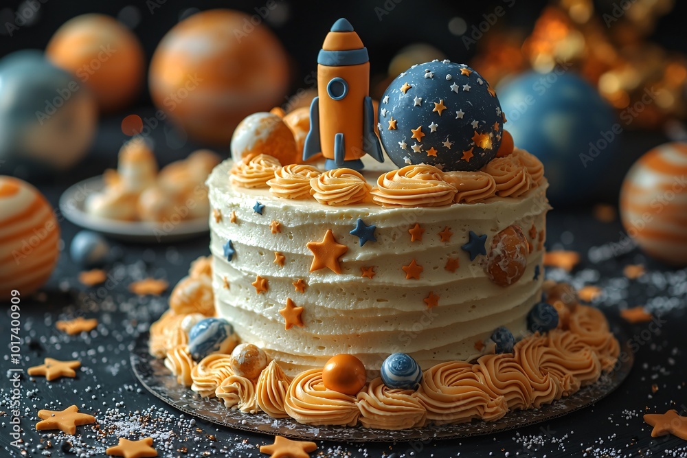 Wall mural space-themed birthday cake decoration ideas