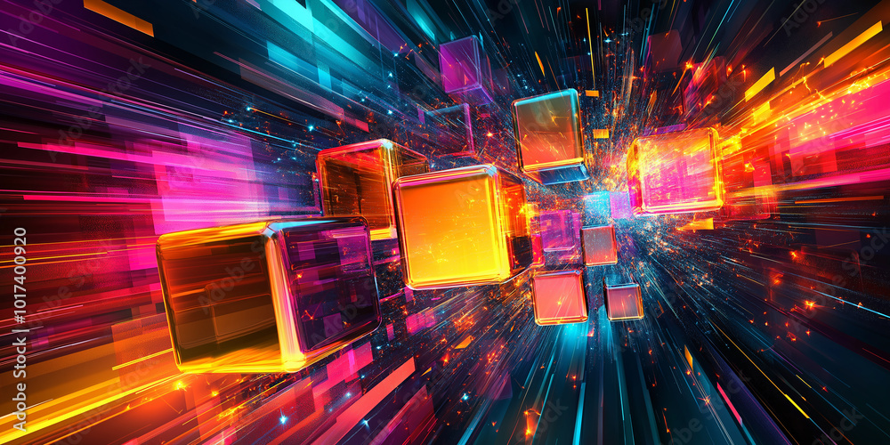 Leinwandbilder abstract cubes floating through digital space with light trails