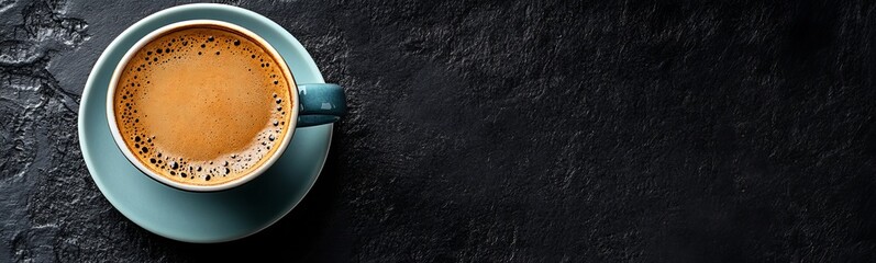 Overhead shot of a steaming cup of coffee on a black background with copy space.