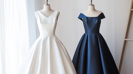 Chic ball gown featuring a voluminous skirt and a fitted, minimalist bodice. This elegant gown showcases clean lines and subtle detailing, embodying the essence of simplicity and sophistication. 