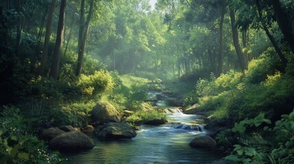 Obraz premium A tranquil stream flows through a lush green forest, sunlight filtering through the trees, casting a magical glow on the scene.