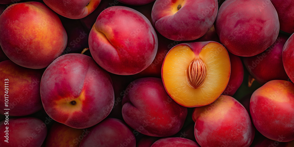 Poster sliced peach surrounded by whole peaches forming a textured background