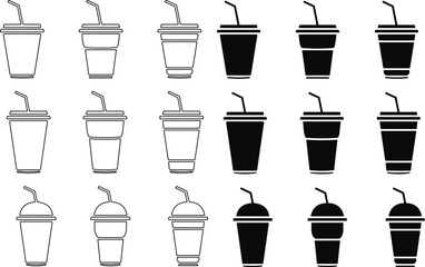 Disposable plastic coffee or tea cup with straw icon vector set. cold drink glasses collection in flat and line style.
