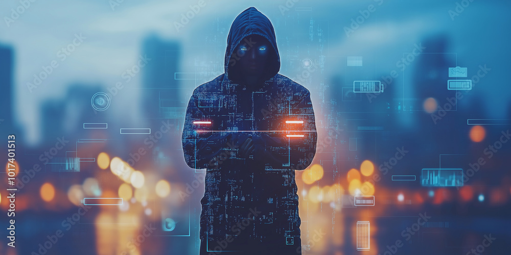 Poster dangerous hooded hacker breaking through cyber security in cityscape at night