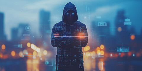 Dangerous hooded hacker breaking through cyber security in cityscape at night