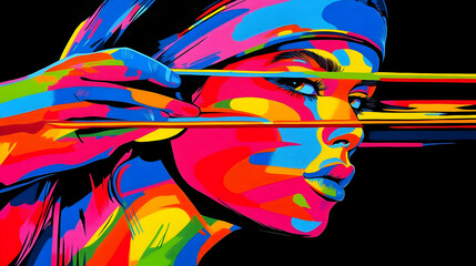 Vibrant portrait of a woman with colorful abstract patterns.