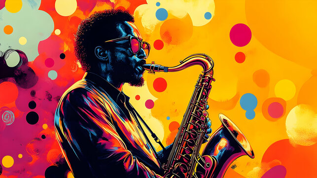 Vibrant illustration of a saxophonist against a colorful backdrop.