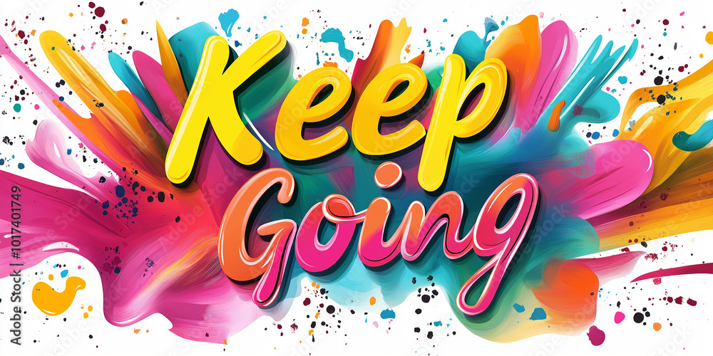 Poster colorful abstract paint splatter background design with the words keep going