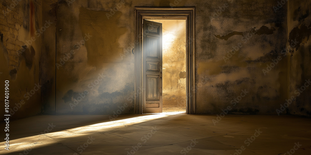 Aufkleber sunbeam entering through open door into abandoned building