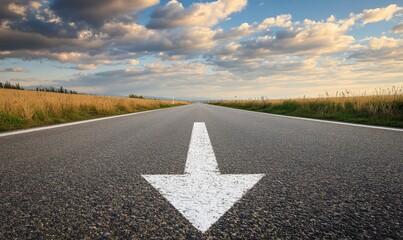 A road with a white arrow pointing down