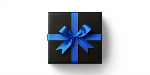 Black gift box with blue ribbon lying on white background