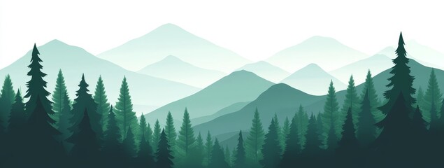 A misty, mountain landscape with a forest of evergreen trees in the foreground.