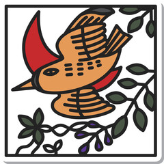 正方形ステッカー花札アイコン　卯月　藤　不如帰　4月　藤に不如帰