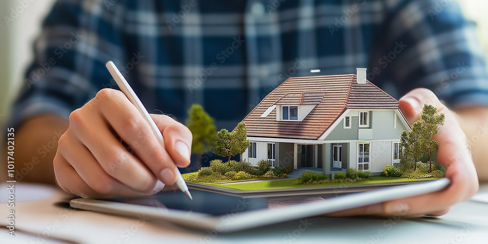 Leinwandbilder architect using digital tablet designing sustainable home with augmented reality software