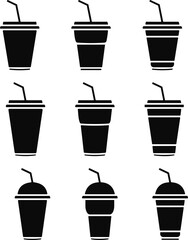 Disposable plastic coffee or tea cup with straw icon vector set. cold drink glasses collection in flat style.