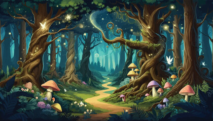 Mystical woodland with ancient trees lush vegetation and sparkling fairy lights background