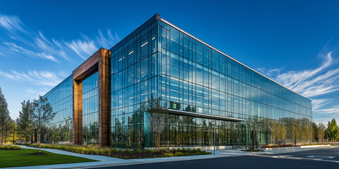 Modern glass office building reflecting blue sky on a sunny day