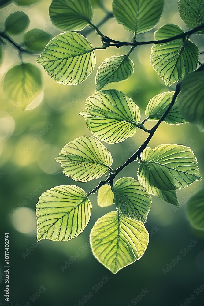 Poster A close-up of vibrant green leaves, showcasing intricate textures and patterns in a soft, diffused light, evoking a sense of tranquility and natural beauty.