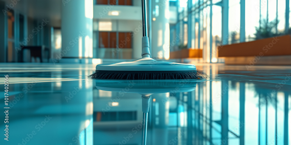 Poster cleaning brush scrubbing wet floor in modern building