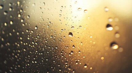 Micro droplets of water on a glass surface, backlit by soft, natural light, creating a subtle, abstract pattern that emphasizes the contrast between light and liquid