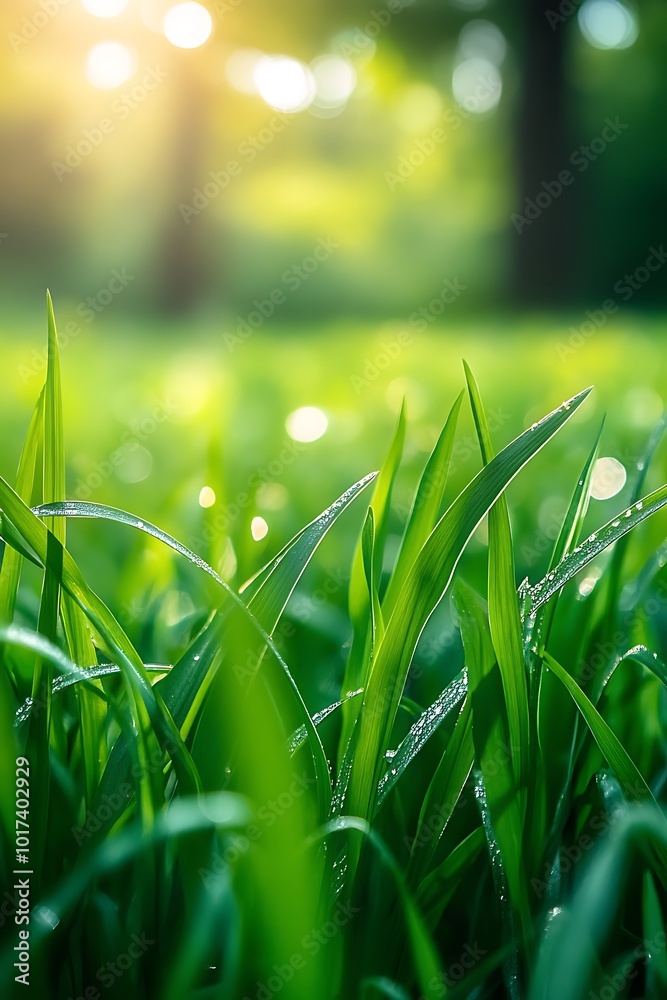 Poster lush green grass glistens with dew in the warm sunlight, creating a serene and vibrant natural setti