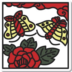 正方形ステッカー花札アイコン　水無月　牡丹　蝶　6月　牡丹に蝶