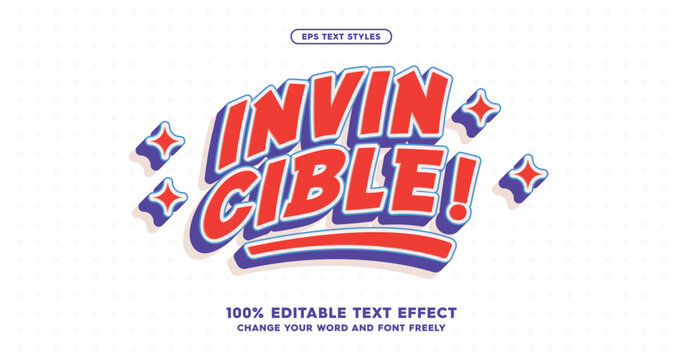 Invincible: Comic-inspired text effects in red uppercase with a bold navy shadow and white outline. Perfect for retro or comic covers. White background with subtle gray dots. Editable vector