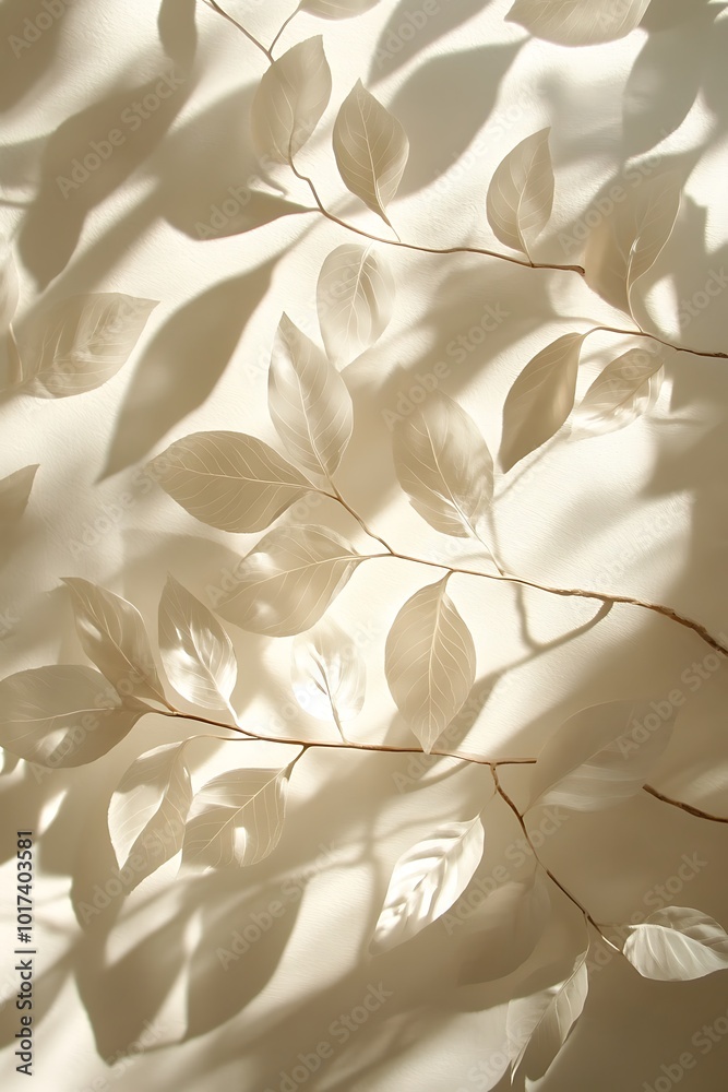 Poster a serene composition of translucent leaves casting delicate shadows on a soft, neutral background, c