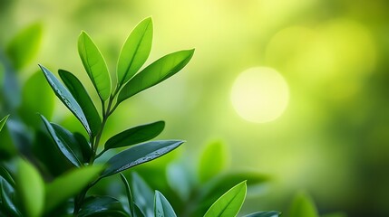 A vibrant close-up of green leaves glistening in soft light, conveying a sense of freshness and natural beauty.