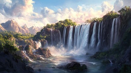 Majestic Waterfall in a Lush Mountain Landscape