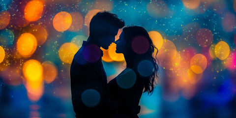 Romantic couple silhouette sharing intimate moment with bokeh lights
