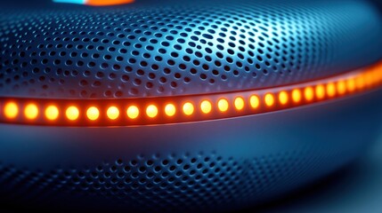 A close-up of a smart speaker in a minimalist room, with glowing indicators showing its voice activation, set against a clean, neutral background