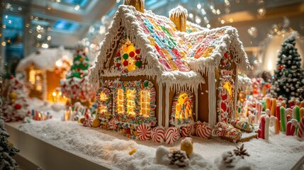 Fototapeta premium Whimsical gingerbread house intricately decorated with colorful candies and royal icing, dusted with powdered sugar 