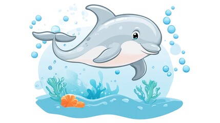 Obraz premium A Cute Dolphin Cartoon Character with a Playful Expression, Swimming Joyfully in a Vibrant Ocean. This Adorable Illustration Features Big, Sparkling Eyes, a Smiling Face, and Bubbles Surrounding 