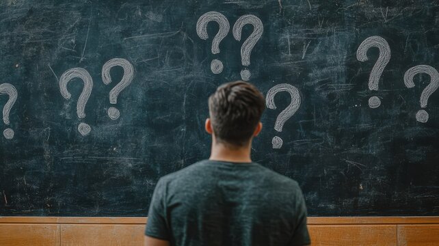 Contemplative individual in front of a chalkboard filled with question marks. - Powered by Adobe