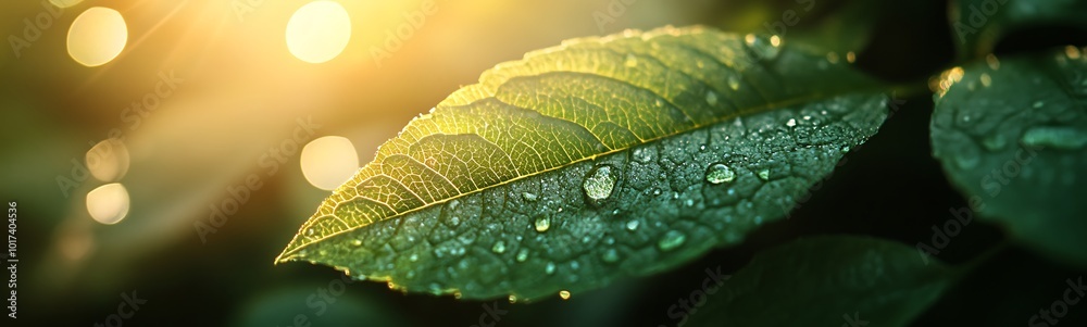 Poster a close-up of a green leaf adorned with droplets of water, illuminated by warm sunlight, creating a 