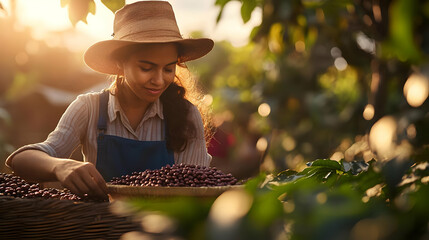 Woman harvesting coffee beans in a sunlit garden.