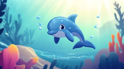 Obraz premium A Cute Dolphin Cartoon Character with a Playful Expression, Swimming Joyfully in a Vibrant Ocean. This Adorable Illustration Features Big, Sparkling Eyes, a Smiling Face, and Bubbles Surrounding 