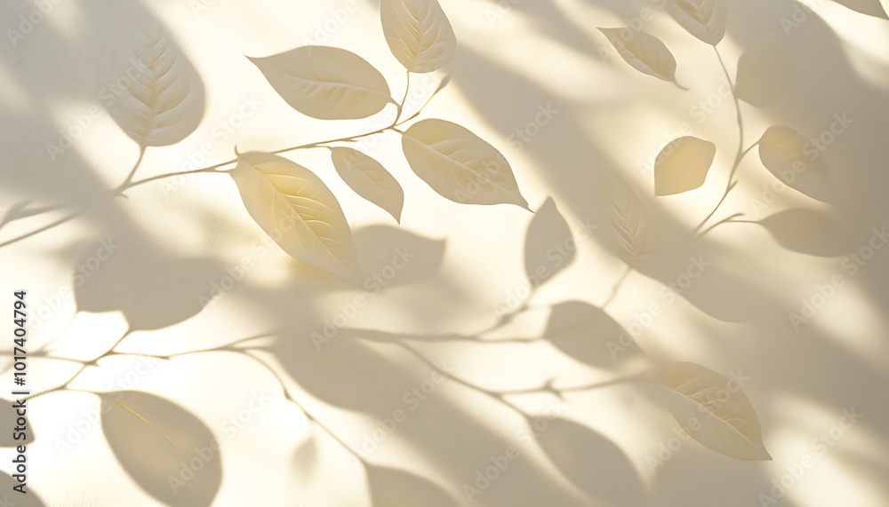 Fototapete a soft, minimalist pattern of leaves casting shadows on a light background, creating an elegant and 