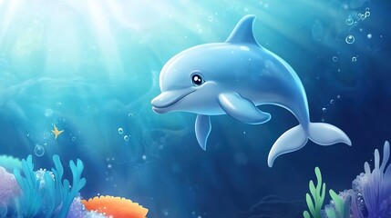 Fototapeta premium A Cute Dolphin Cartoon Character with a Playful Expression, Swimming Joyfully in a Vibrant Ocean. This Adorable Illustration Features Big, Sparkling Eyes, a Smiling Face, and Bubbles Surrounding 