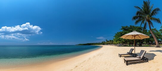 Two lounge chairs on a pristine white sand beach with a palm tree in the background under a clear blue sky.