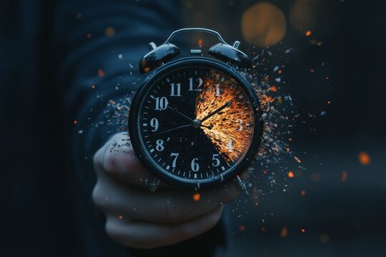 Close-up of a hand holding an alarm clock with sparks flying from it, creating a sense of time running out.