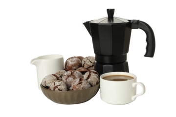 PNG, Crinkle cookies in bowls, cup of coffee, jug and coffeemaker, isolated on white background