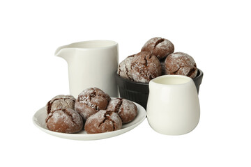 PNG, Crinkle cookies in bowl and plate, cup of coffee and jug, isolated on white background